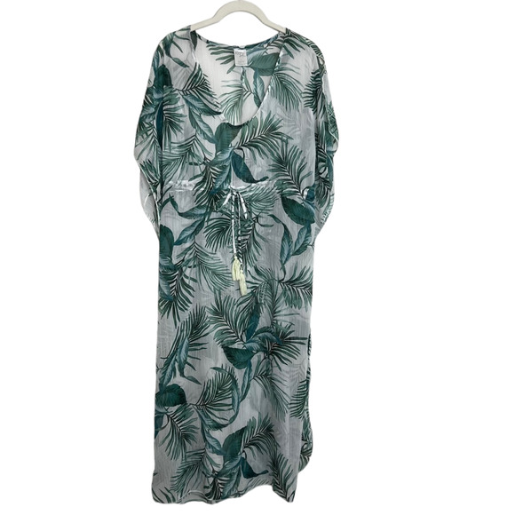 Kona Sol Womens Swim Cover Up Caftan Size Small Green Tropical Palm Leaf Print - Picture 1 of 5